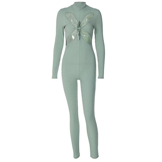 Hollow out long sleeve solid zip-up high neck jumpsuit - Final Sale-final-sale