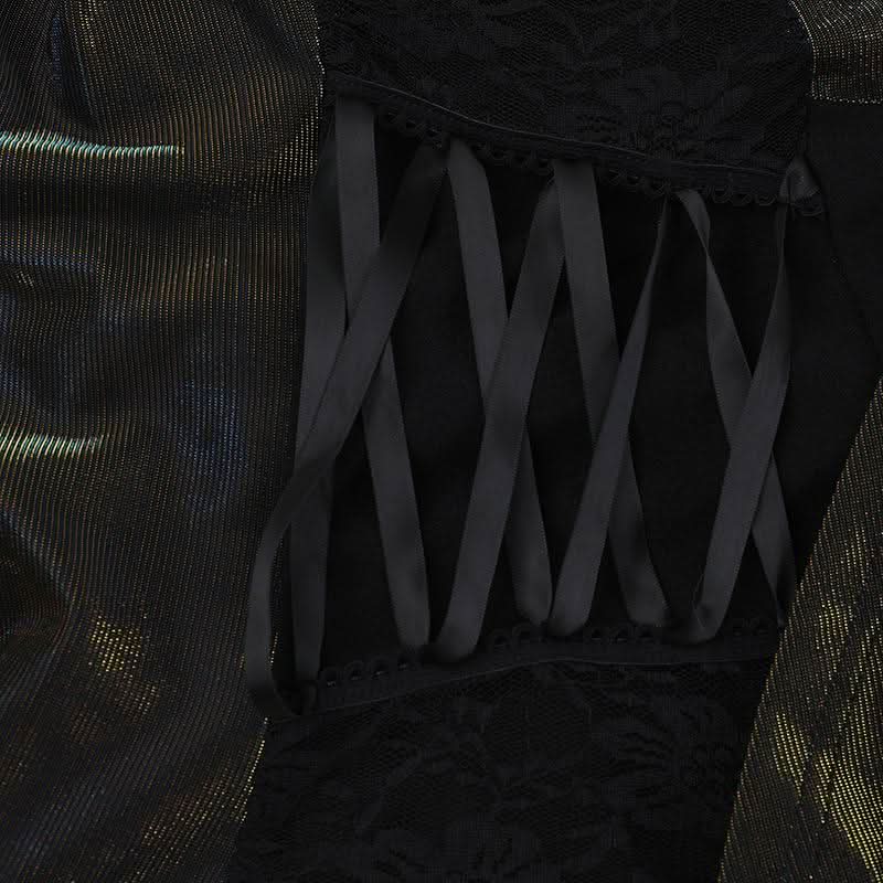 Square neck ruched lace up lace hem maxi dress