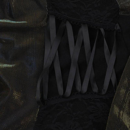 Square neck ruched lace up lace hem maxi dress