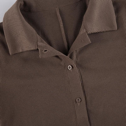 Turnover collar ribbed button romper