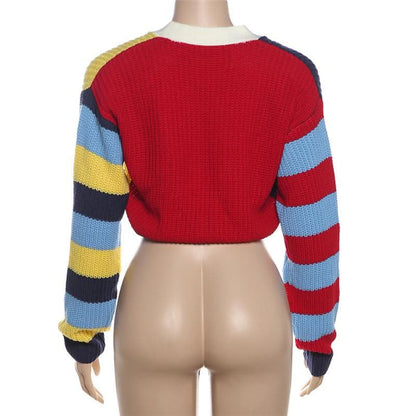 Long sleeve v neck button knitted contrast top