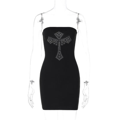 Cross pattern beaded backless tube mini dress