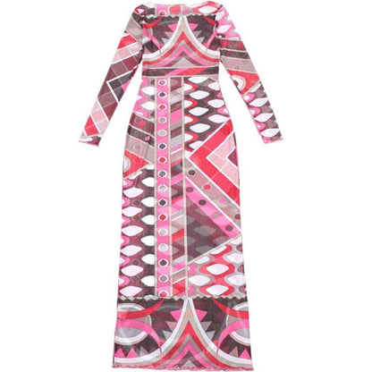 Long sleeve ruffle abstract mesh maxi dress-final-sale
