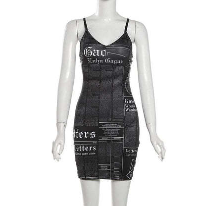 V neck letter print backless cami mini dress