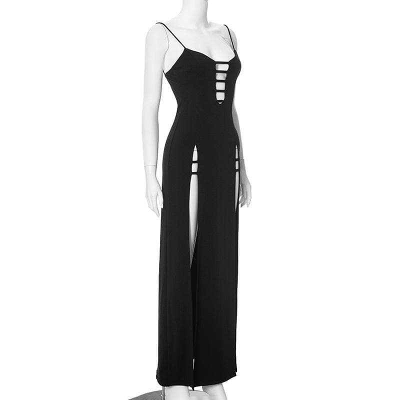 Hollow out high slit backless cami cut out maxi dress
