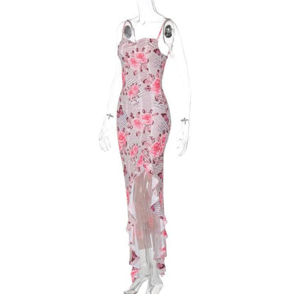 Cowl neck ruffle slit butterfly print cami maxi dress-final-sale