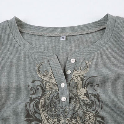 Long sleeve abstract ribbed button top