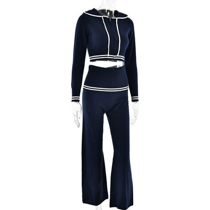 Long sleeve hoodie knitted zip-up high rise pant set