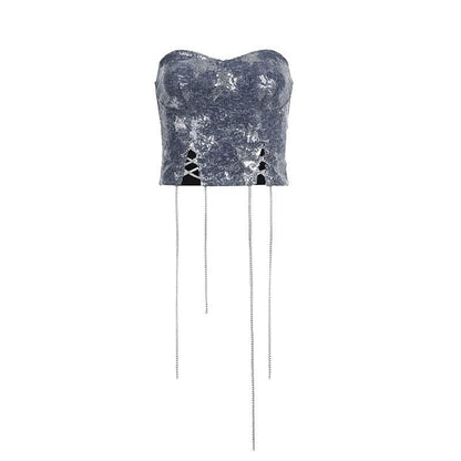 Glitter denim star pattern metal chain tube top