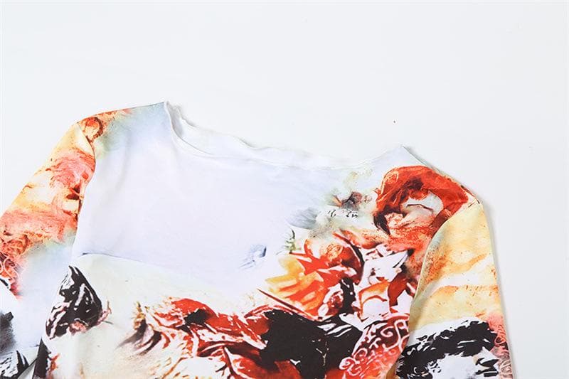 Long sleeve crewneck print ruffle contrast maxi dress