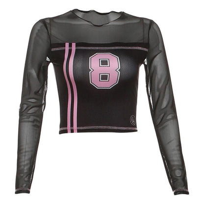 Stitch long sleeve crewneck “8” pattern mesh top