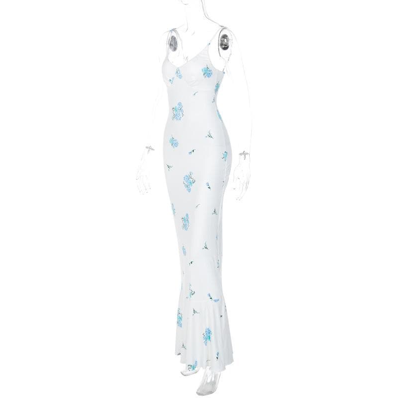 Spaghetti Strap V Neck Ruched Floral Print Mermaid Hem Maxi Dress
