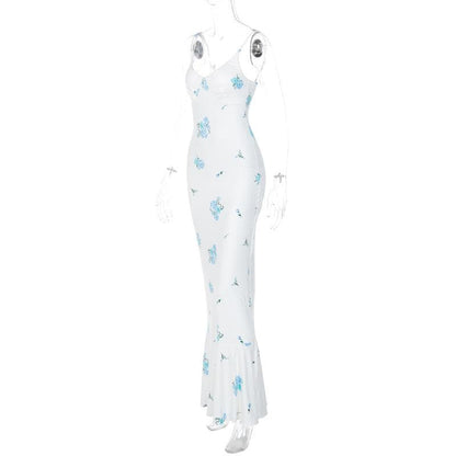 Spaghetti Strap V Neck Ruched Floral Print Mermaid Hem Maxi Dress