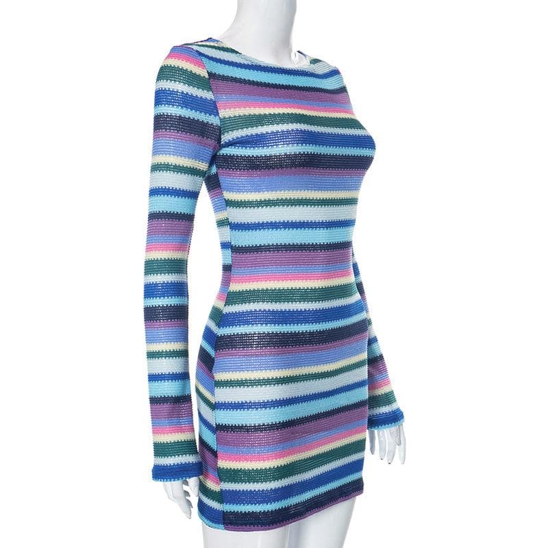 Boat Neck Long Sleeve Horizontal Stripe Knit Bodycon Mini Dress