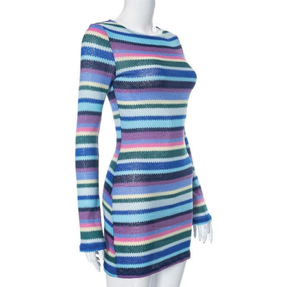 Boat Neck Long Sleeve Horizontal Stripe Knit Bodycon Mini Dress