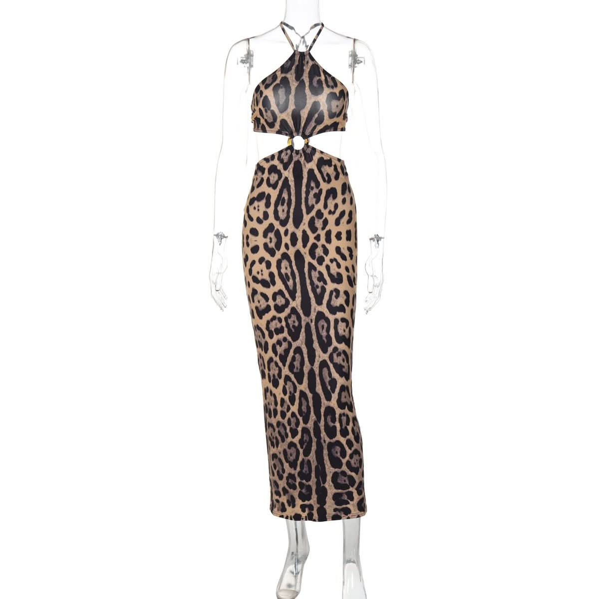 Leopard print halter o ring backless maxi dress