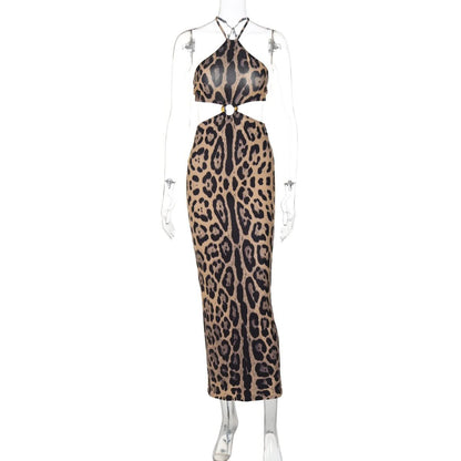 Leopard print halter o ring backless maxi dress