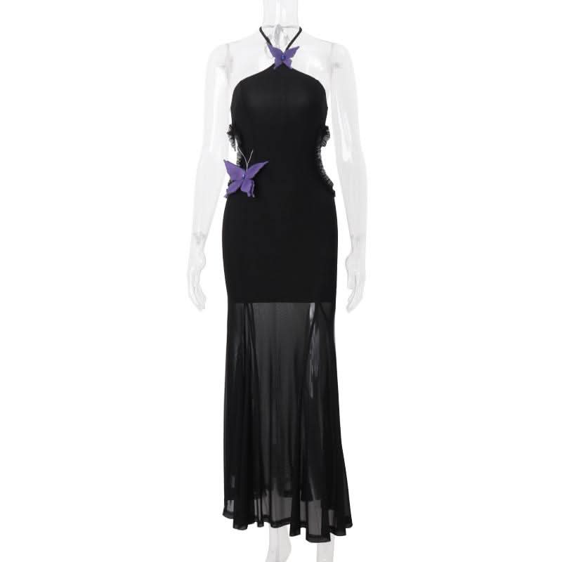 Halter butterfly applique hollow out mesh cut out maxi dress