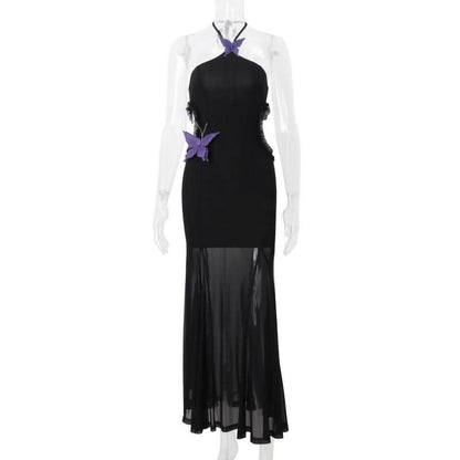 Halter butterfly applique hollow out mesh cut out maxi dress