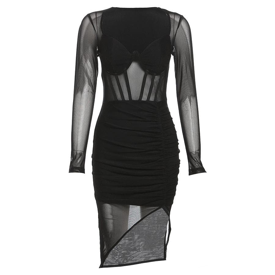 Corset Mesh Long Sleeve V Neck Ruched Asymmetric Hem Mini Dress