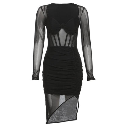 Corset Mesh Long Sleeve V Neck Ruched Asymmetric Hem Mini Dress