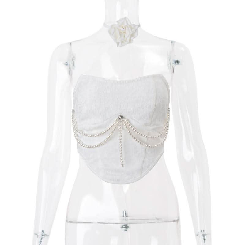 Beaded lace up self tie flower applique tube top