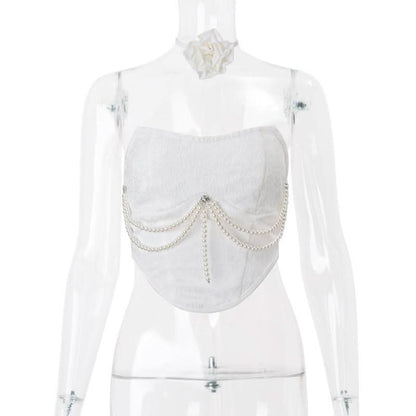 Beaded lace up self tie flower applique tube top