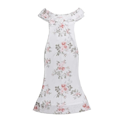 Off shoulder ruched flower print maxi dress