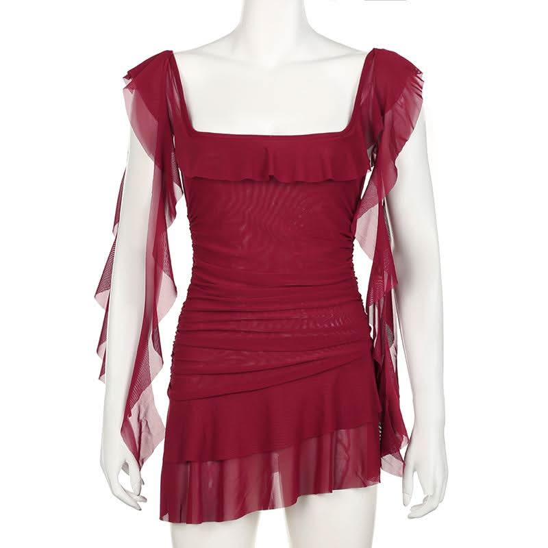 Square neck ruffle mesh ruched cami mini dress
