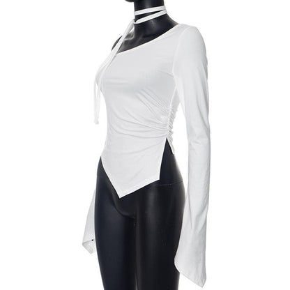 Long flared sleeve off shoulder ruched irregular top