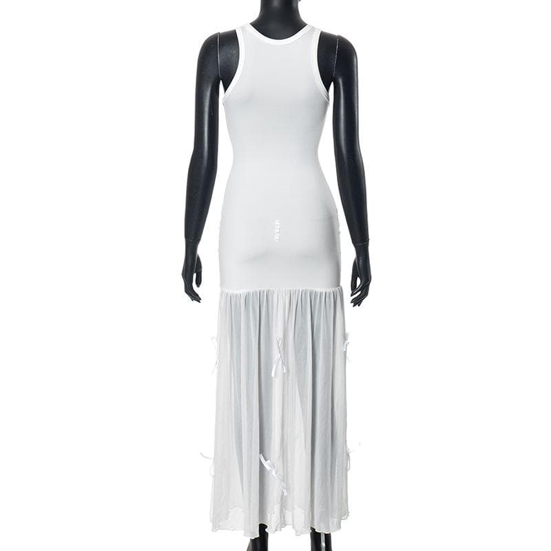 U neck mesh patchwork bowknot 2-way midi dress