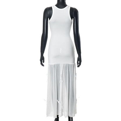 U neck mesh patchwork bowknot 2-way midi dress