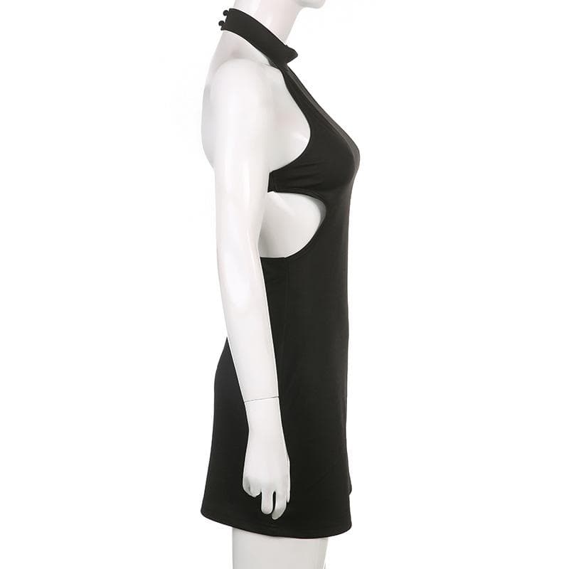 Sleeveless solid halter hollow out backless button cut out mini dress