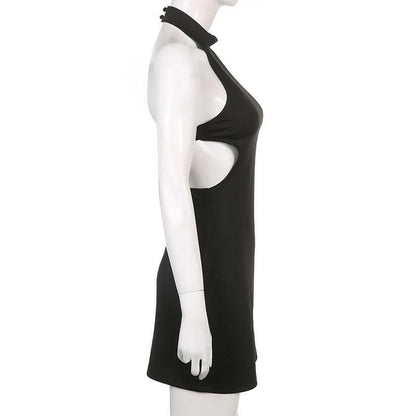 Sleeveless solid halter hollow out backless button cut out mini dress