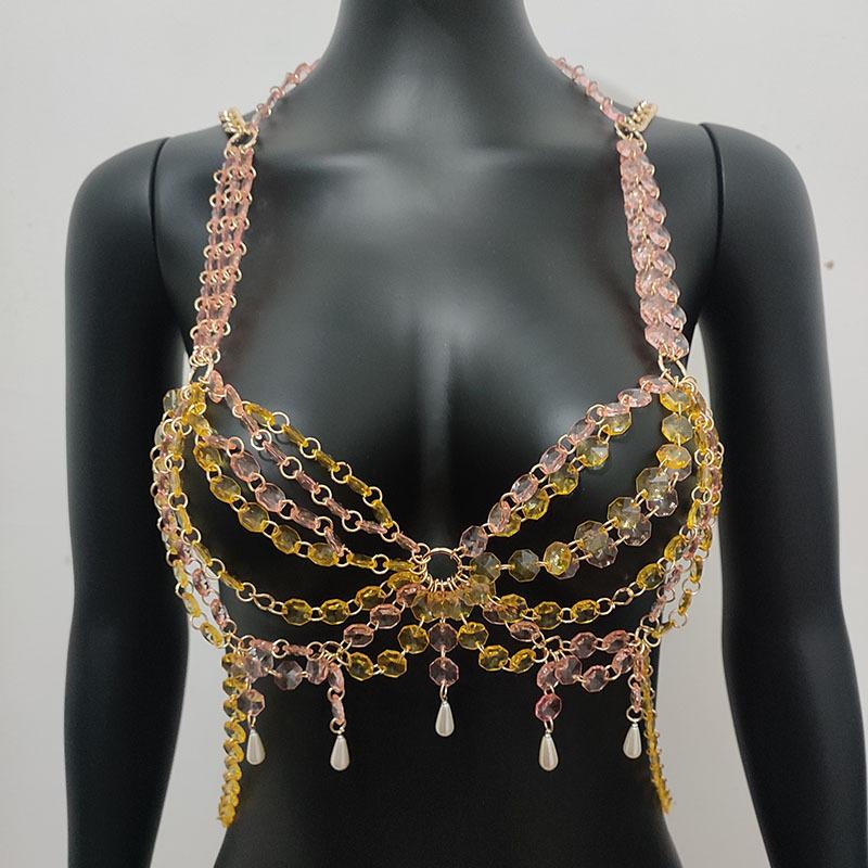 Metal chain beaded faux pearl cross backless bralette top