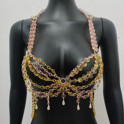 Metal chain beaded faux pearl cross backless bralette top