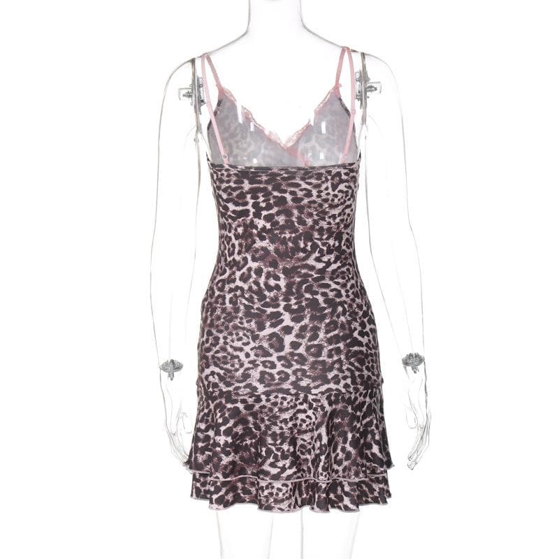 Leopard print v neck lace hem cami mini dress