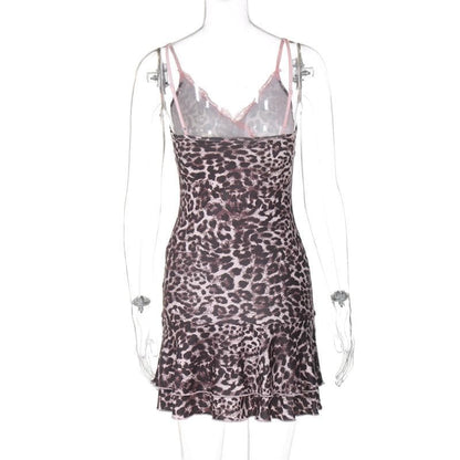 Leopard print v neck lace hem cami mini dress