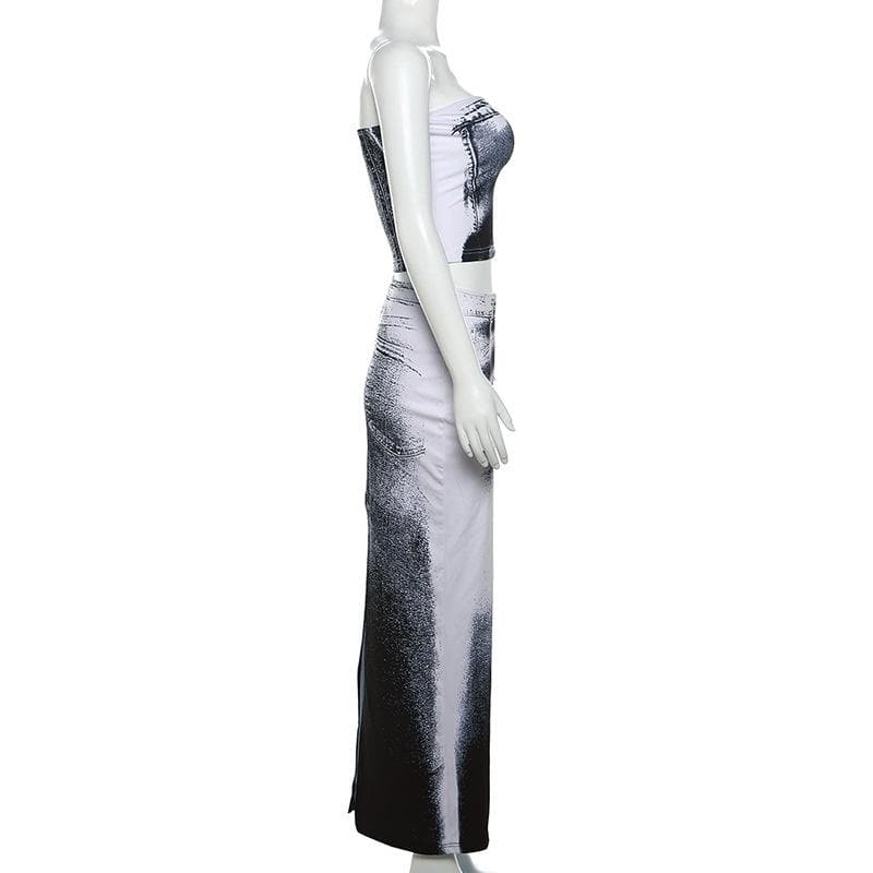 Contrast denim print slit backless tube maxi skirt set-final-sale