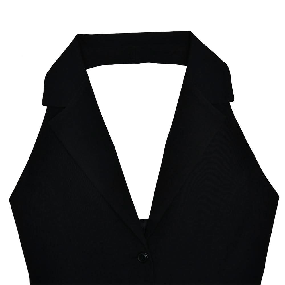 Halter deep V neck button pleated backless mini dress