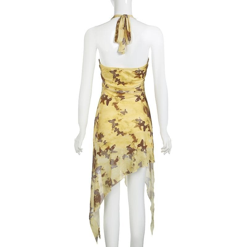 Halter butterfly print ruffle irregular midi dress