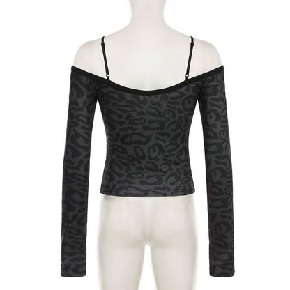 Leopard print long sleeve lace hem off shoulder top