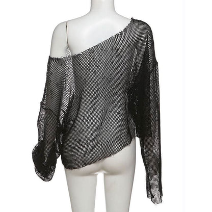 Long sleeve fishnet solid top