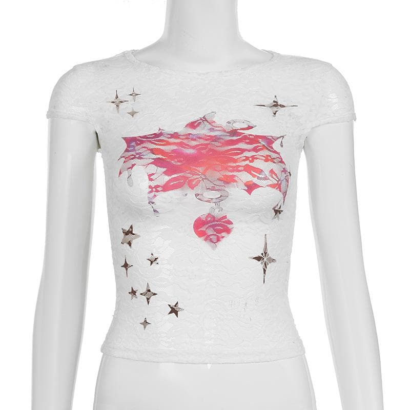 Cap sleeve round neck lace print top