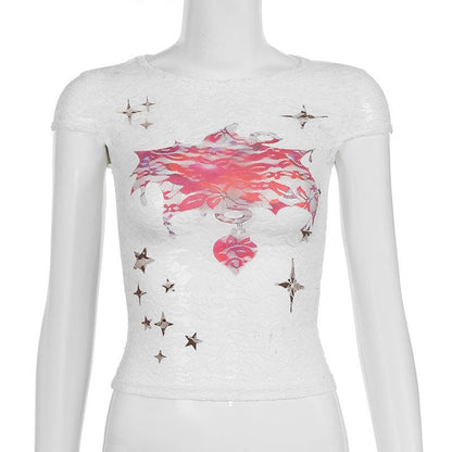 Cap sleeve round neck lace print top
