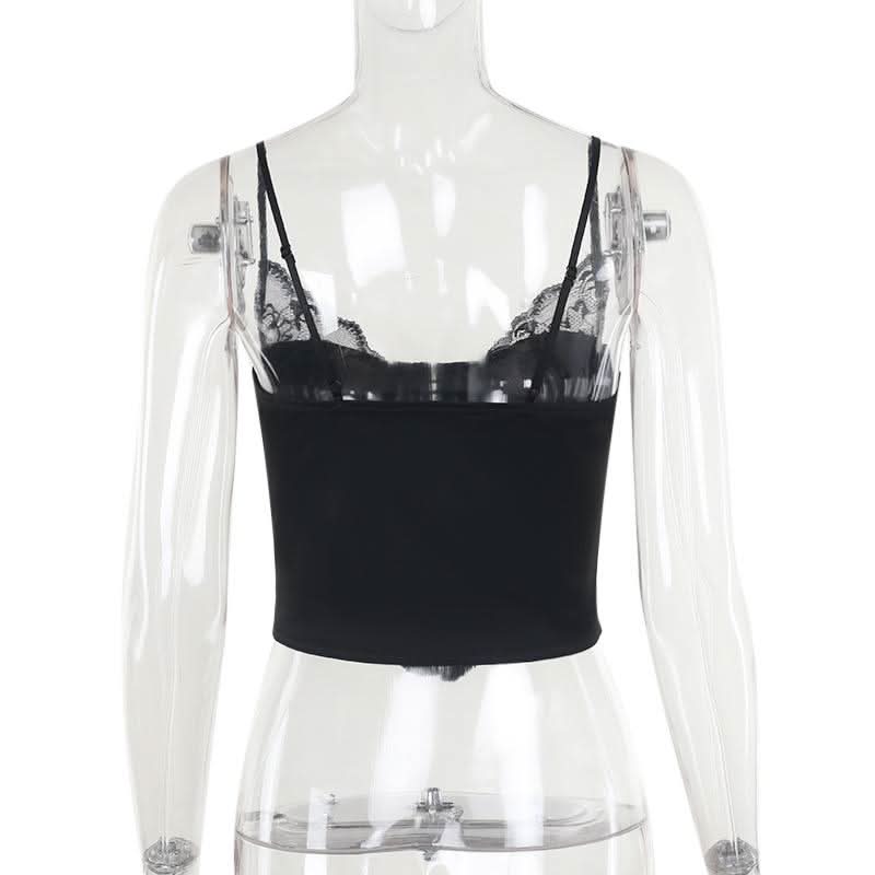 V neck lace hem button solid cami top