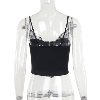 V neck lace hem button solid cami top
