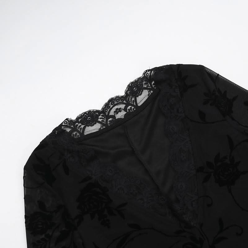 V neck long sleeve flower pattern mesh mini dress