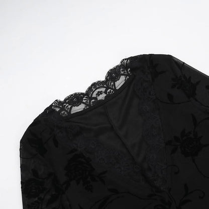 V neck long sleeve flower pattern mesh mini dress