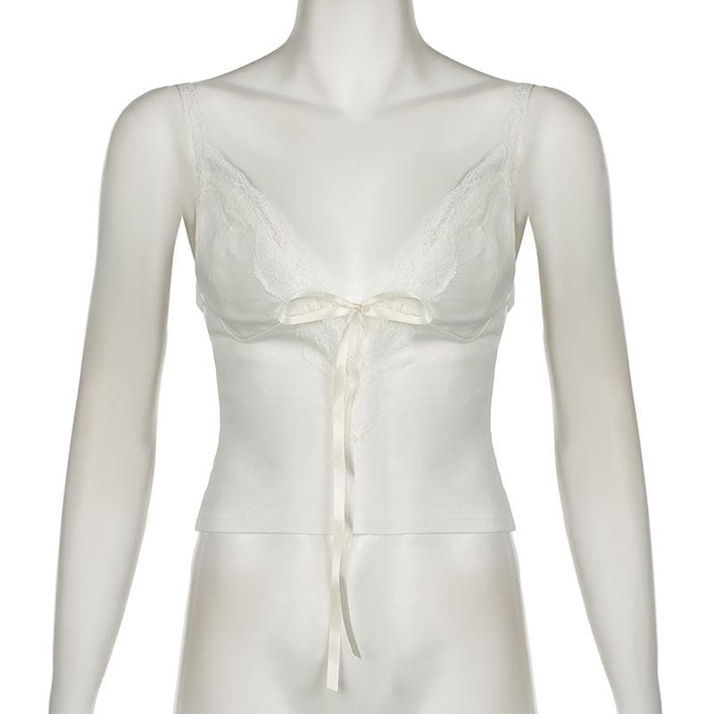 Bowknot ribbon lace hem backless solid cami top